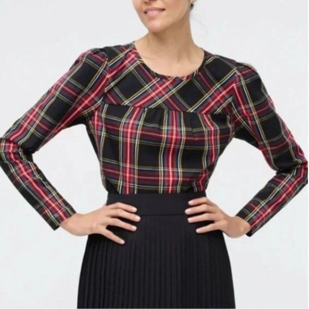 J. Crew Plaid Shirt Poplin Puff Sleeve Tartan Preppy Red Holiday Small AG684